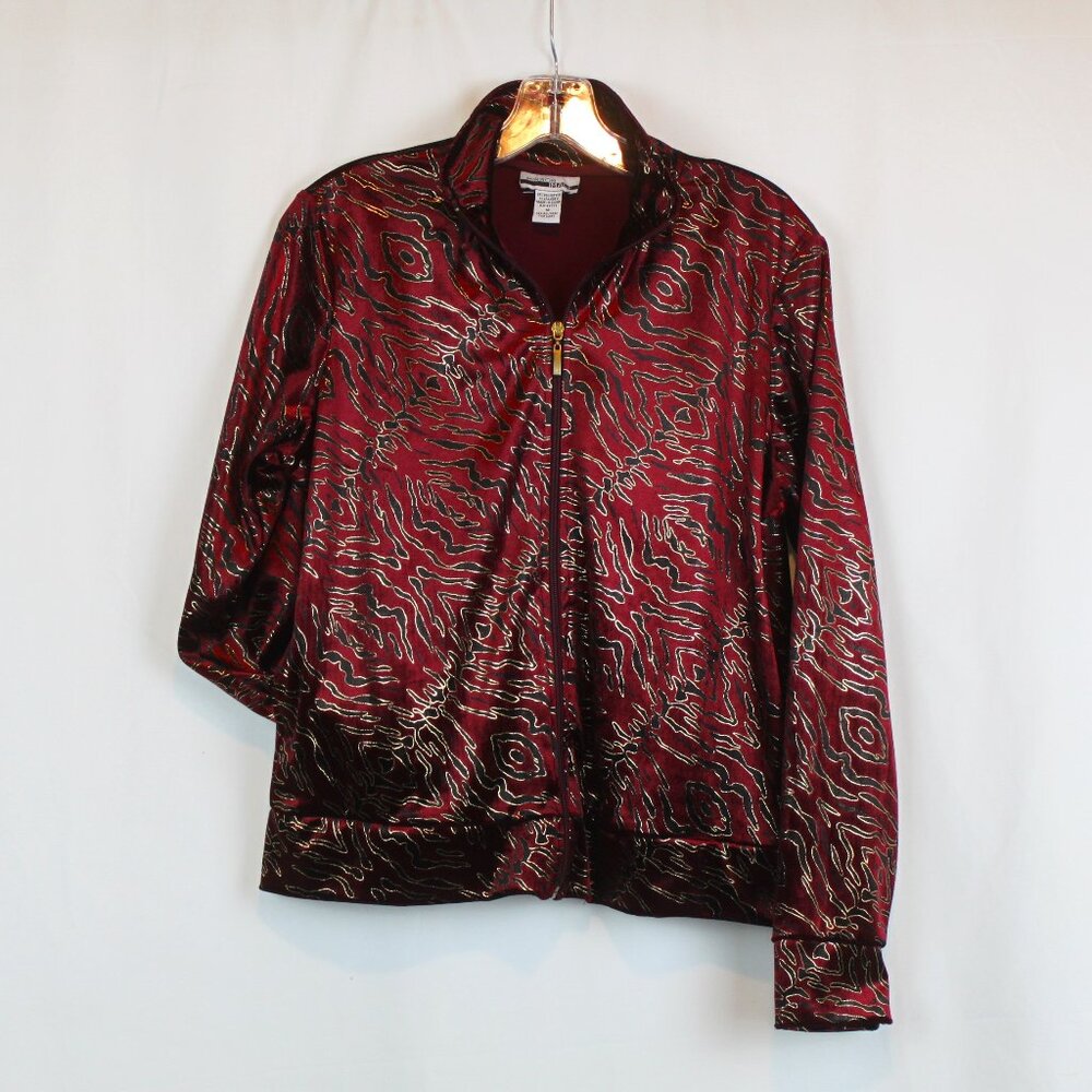 Mirror Image Red Black Animal Print Shiny Gold Zip Up Long Sleeve Sweater
